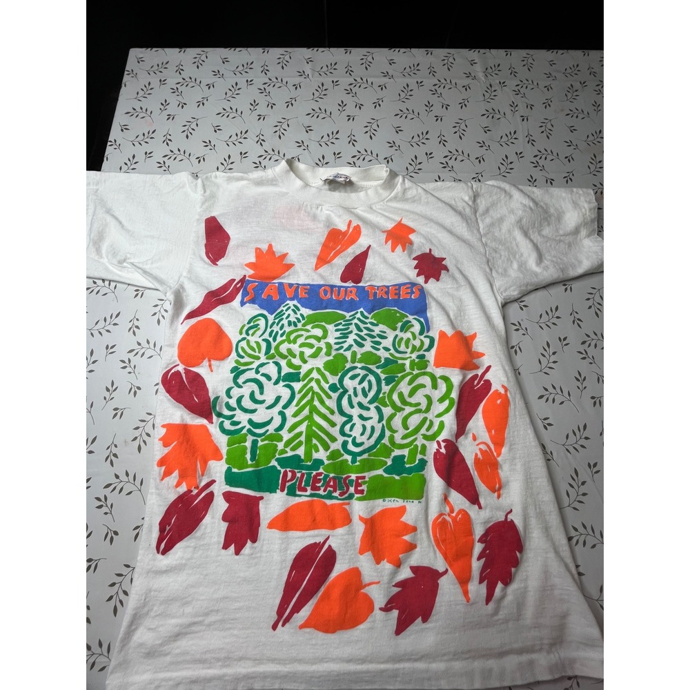 Vintage Ken Done Art to Wear Save Our Trees Please Graphic T-Shirt White M rare